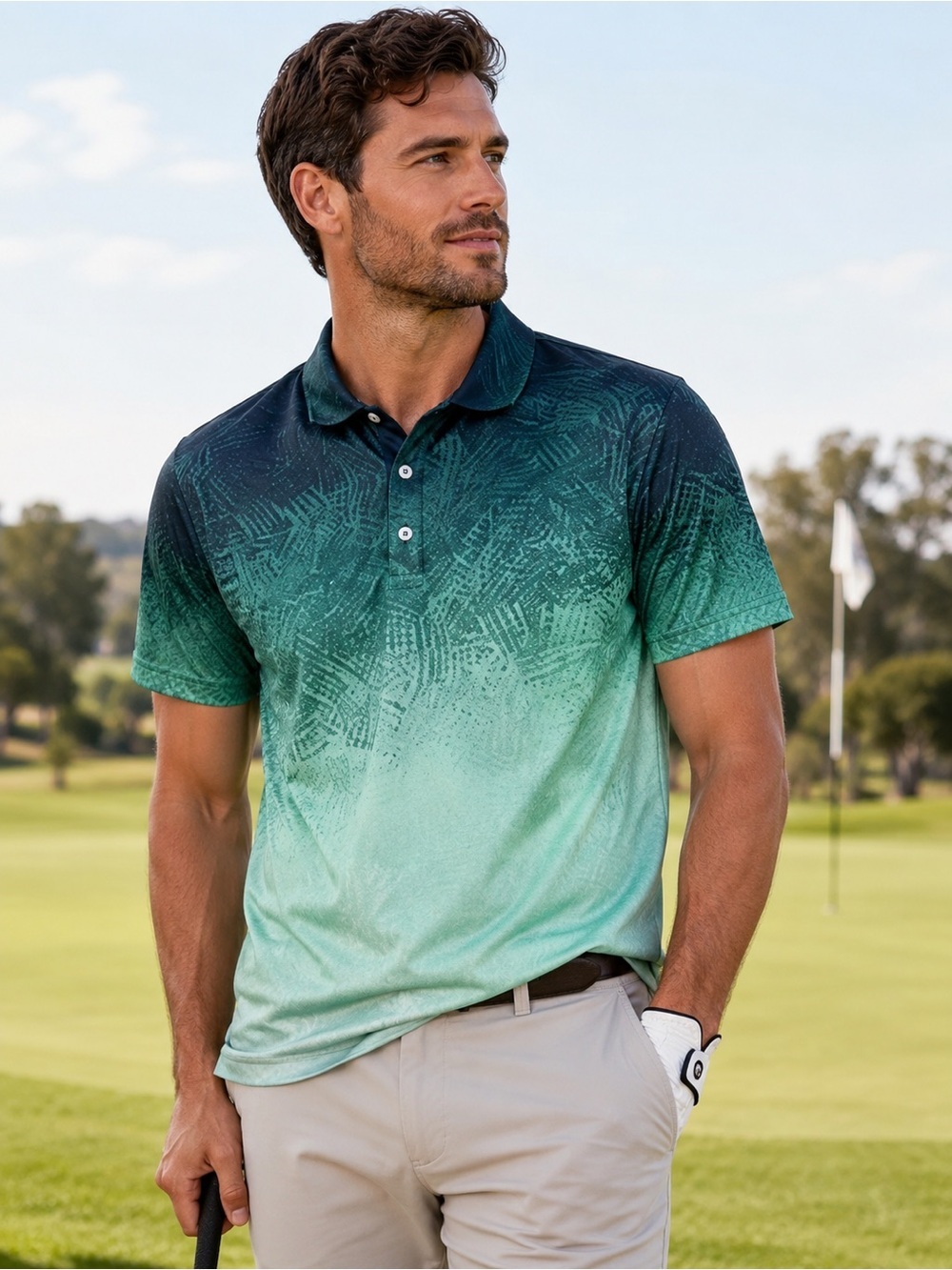 Men’s Green Ombré Abstract Print Golf Polo Shirt Size Medium NWOT